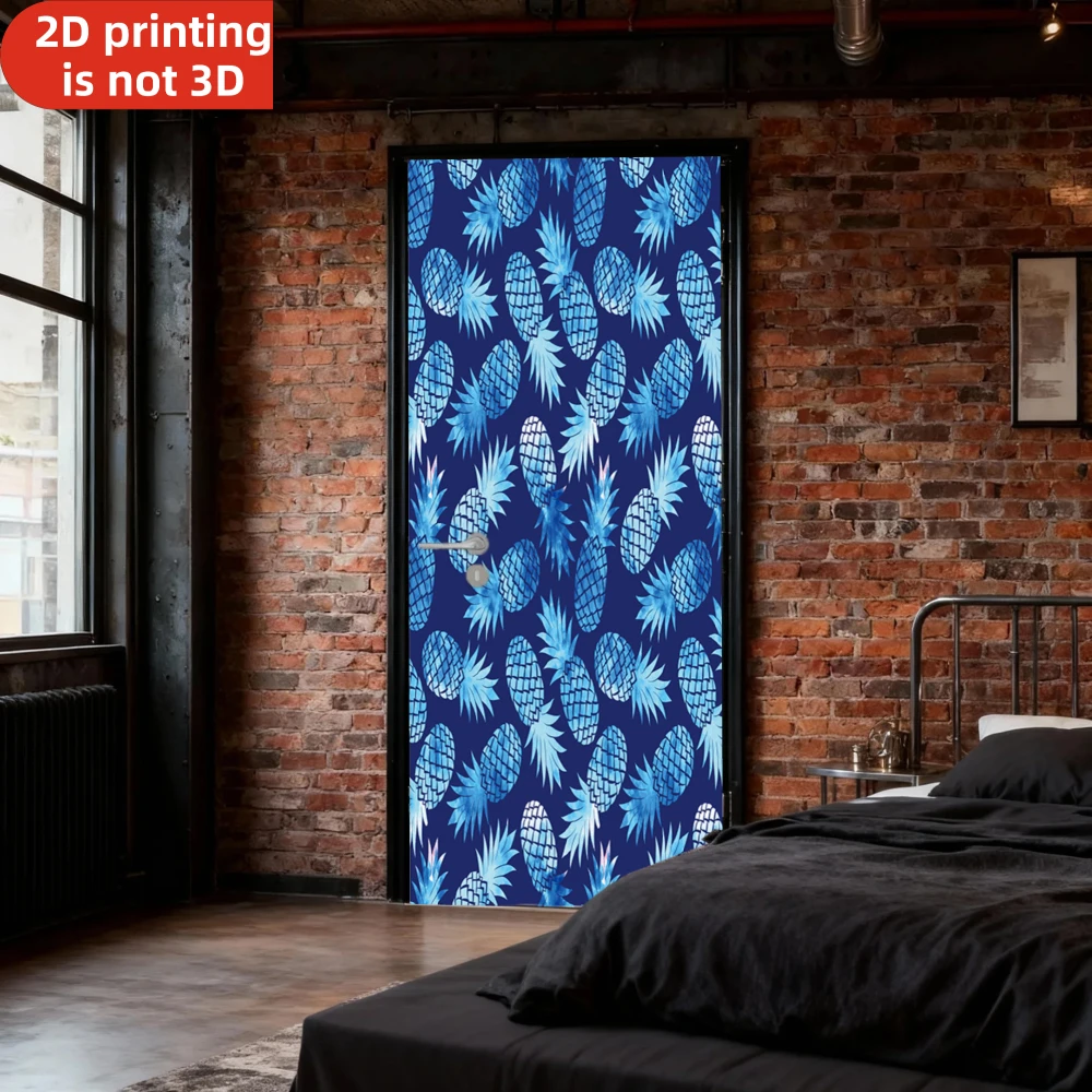 Blue Pineapple Pattern Self-adhesive Vinyl Door Fridge Wallpaper Home Decor