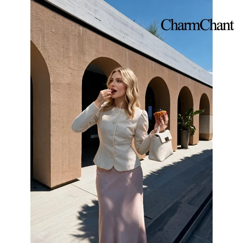 CHARMCHANT Women's Chic Round Neck Single Breasted Cropped Blazer Puff Long Sleeve Fitted Jacket Elegant Office Daily Fall 2026