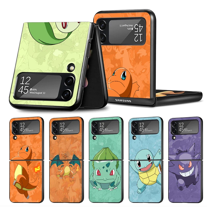 Black ZFlip Case For Samsung Galaxy Z Flip 4 3 5G Hard Cover for Galaxy zflip4 3 Shell Phone Fundas Pokemons Bulbasaurs G-Gengar