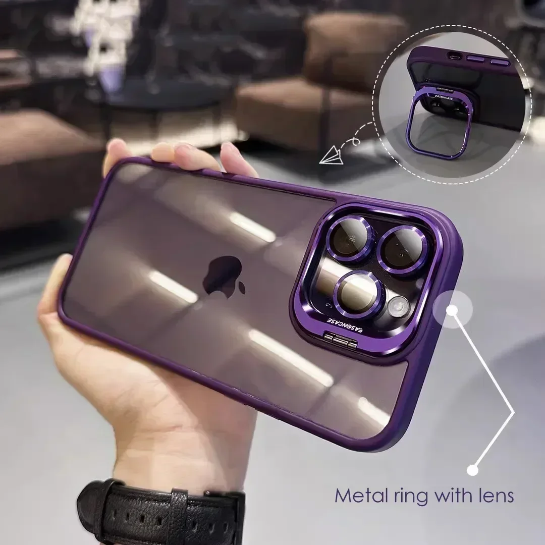 

Metal Holder Protection High-Transparency Phone Case For iPhone 16 15 14 13 12 11 17Pro Max Plus With Lens Protector Cases