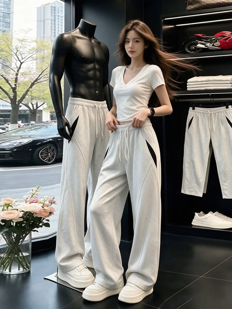 American Style Patchwork Men's Casual Pants Loose Straight Leg Bell Bottoms Old Money Wind Bend Knife Waist Design Autumn