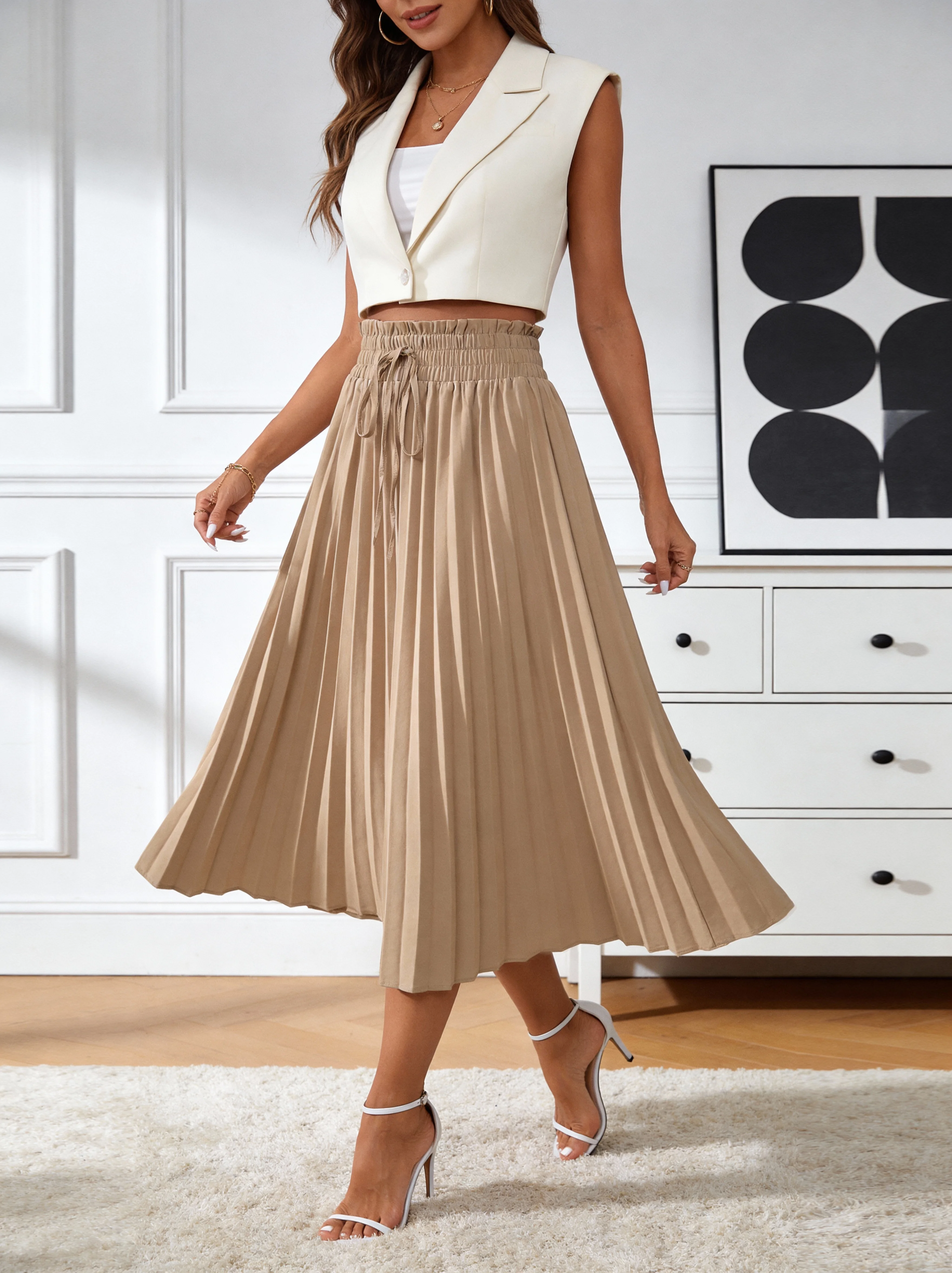 

Женская плиссированная юбка миди А-силуэта с эластичным поясом, элегантная и универсальная, для официальных мероприятий