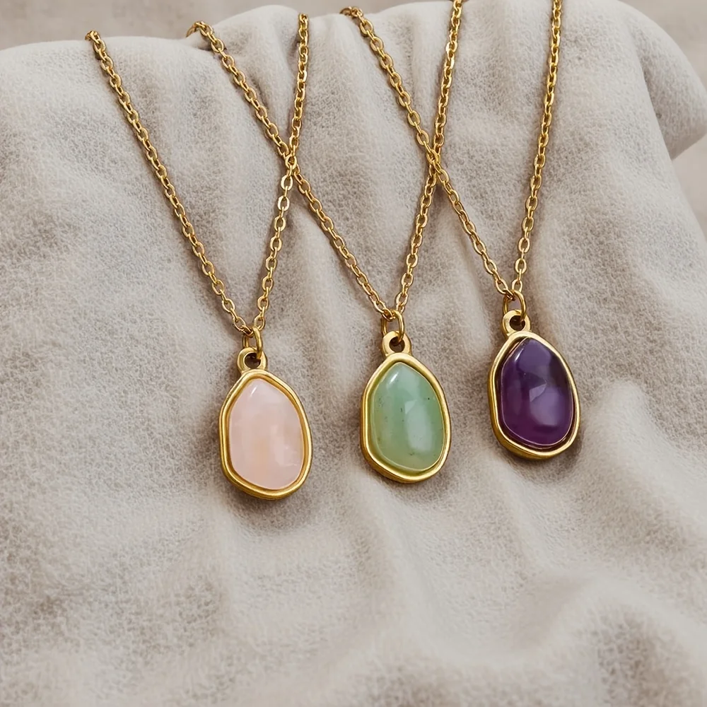 Fashion Stone Opal Oval Necklace For Women Stainless Steel Gold Color Green Stone Pendant Necklace Wedding Aesthetic Jewelry Gif