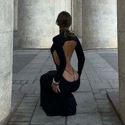DSMTRC Autumn Elegant Party Long Sleeve Big Backless Maxi Dress for Woman Black Solid Chic Turtleneck Clubwear Prom Outfits 2025