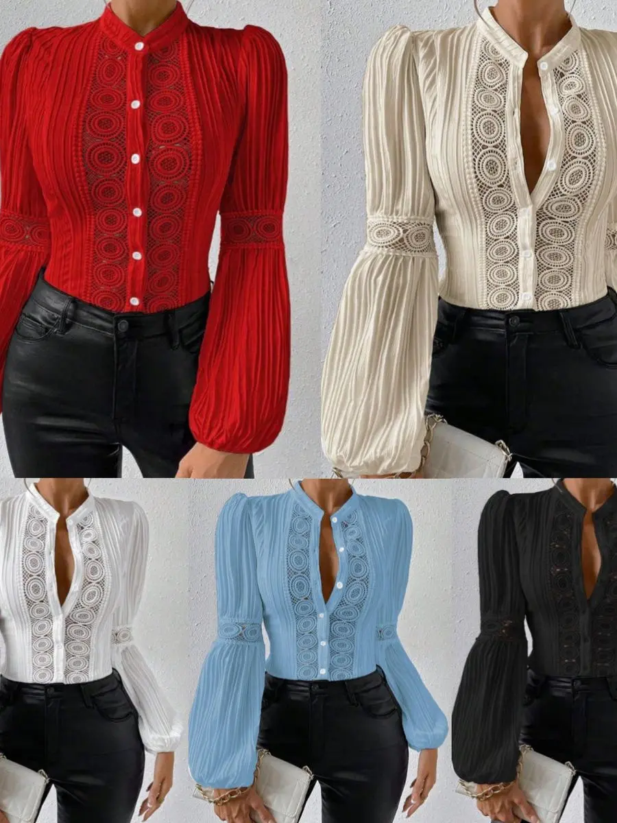 

Faionable Pure Color Stand Collar Lantern Sve Top Women's Ele Loose Fit irt Breathable Long Sve Autumn Commute