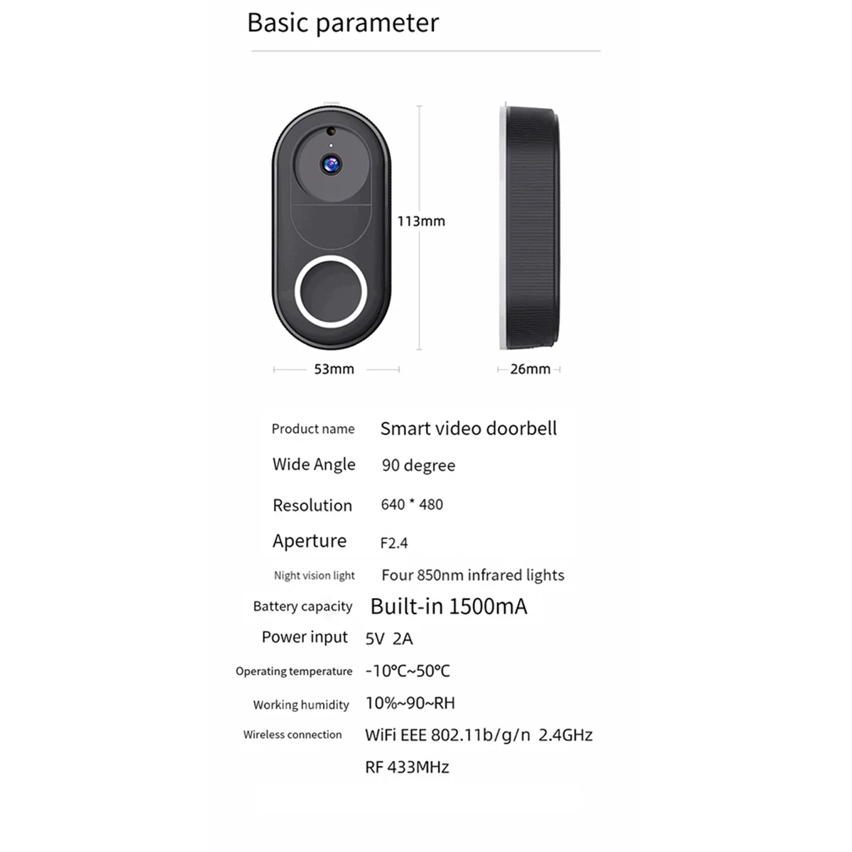 무선 비디오 초인종 카메라, 640x480 해상도, 원격 보안 모니터링, 90 ° 시야각, WiFi 연결