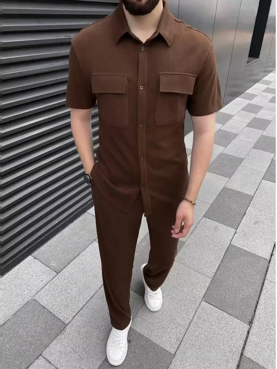 Men's Spring Summer Corduroy Short-Sleeved Shirt And Long Pants Set Casual Lapel Button Pocket Fashionable Two-Piece Outfit
