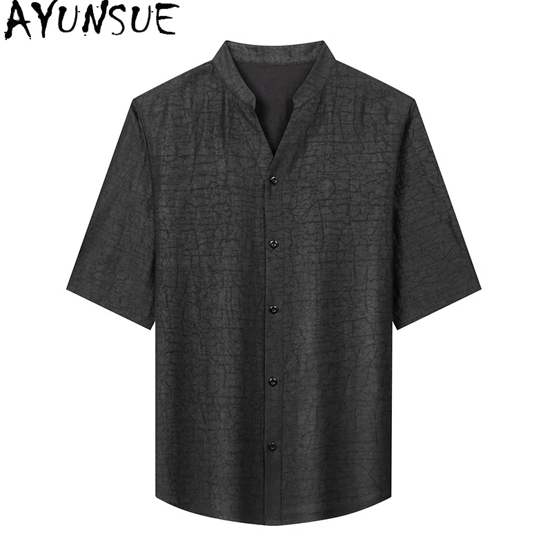 AYUNSUE Retro 100% Mulberry Silk Shirts for Men Short-sleeved Tops Casual Stand Collar Man Shirts Luxury Loose Gauze Silk Shirt