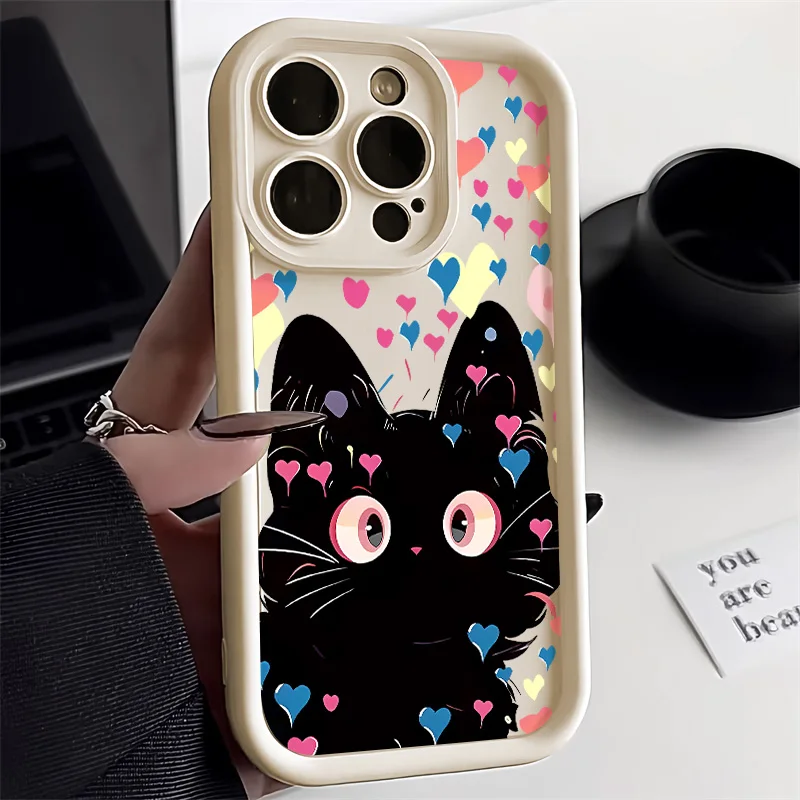 Cute Cat Case For iPhone 16 Pro Max Case iPhone 15 14 13 12 11 Pro Max 7 8 Plus SE XS Max X XR Liquid Silicone Shockproof Cover