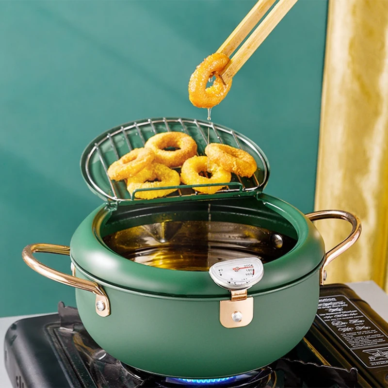 Tempura Frying Pot, Japanese Style Mini Deep Fryer Pan Stainless Steel With Thermometer,Lid And Oil Drip Drainer Rack