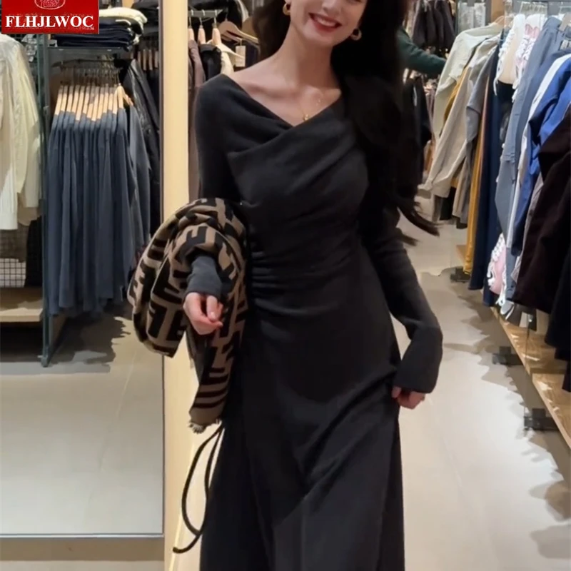 Frans ontwerp lange basisjurken nieuwe vrouw herfst winter lange mouw v-hals effen retro vintage t-shirt jurk vrouwelijke vestidos