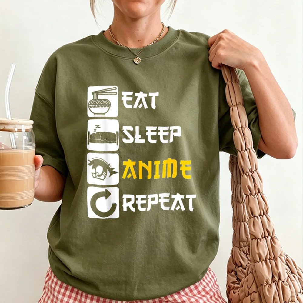 Eat Sleep Anime Repeat Pixel Icon Vertical Slogan Print Men Women Cotton T Shirt Otaku Anime Fan Lifestyle Casual Graphic Tees