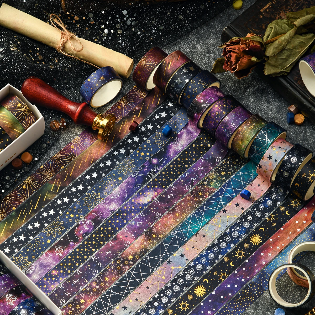 12-Roll Retro Starry Sky Washi Tape Set, 2M Long / 1.5CM Wide, Stationery Supplies and Gift Decoration, A Gift for Friends view 6