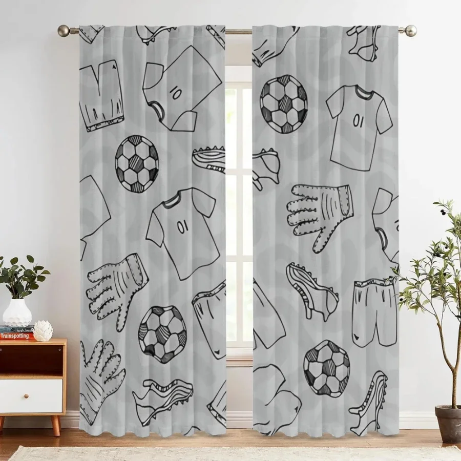 2PCS Digital Printed Curtains, Black White Hand Drawn Soccer Sports Equipment Pattern, Creative Sporty Boys Bedroom Decoration