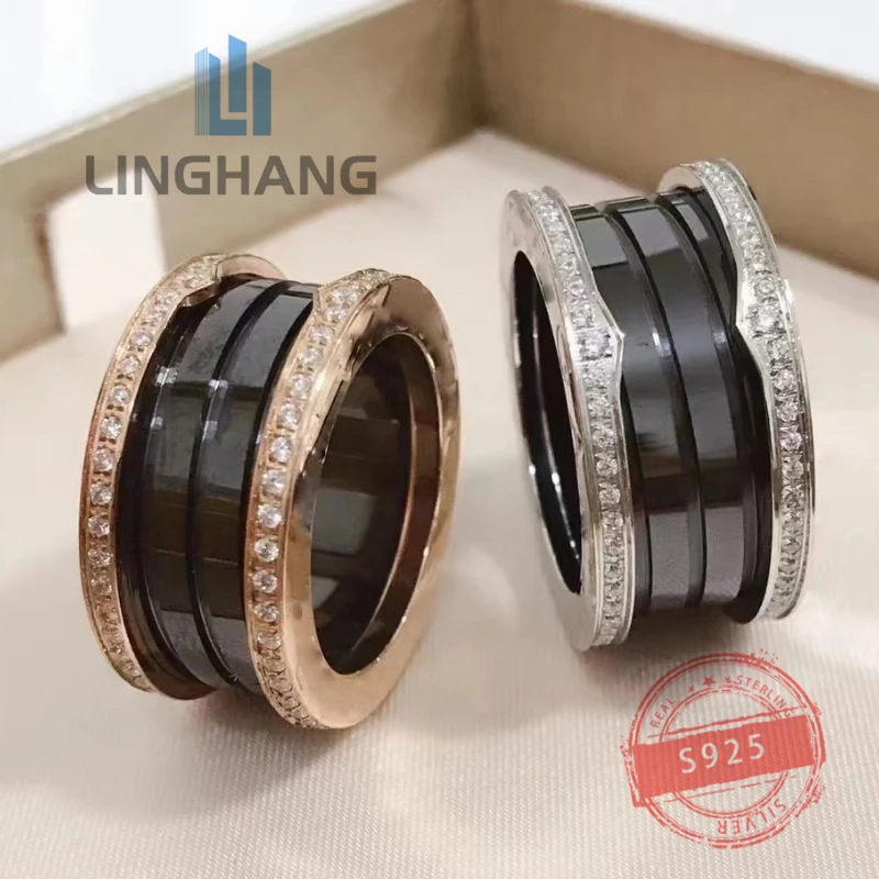 

1: 1Customized Rose Gold Ceramic Diamond Set Rings for Women 925 Silver Luxury Classic Jewelry Valentine's Day Gift