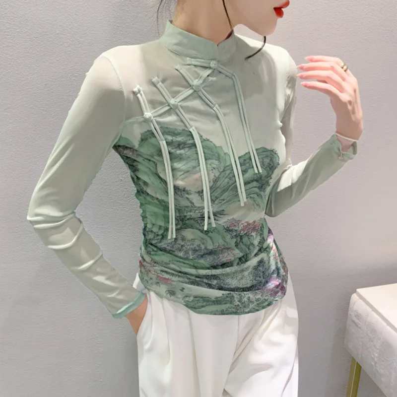 #8666 Vintage Mesh T Shirt Women Stand Collar Chinese Style Buttons Skinny T-shirt Long Sleeve 3d Printed Short Tee Shirt Femme