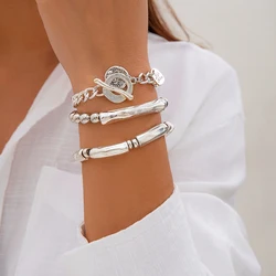 Salircon 3Pcs Gothic Metal Creative Bamboo Bracelet Bangle Women's Fashion CCB Ball Bead Bracelet Punk Party Jewelry Gifts