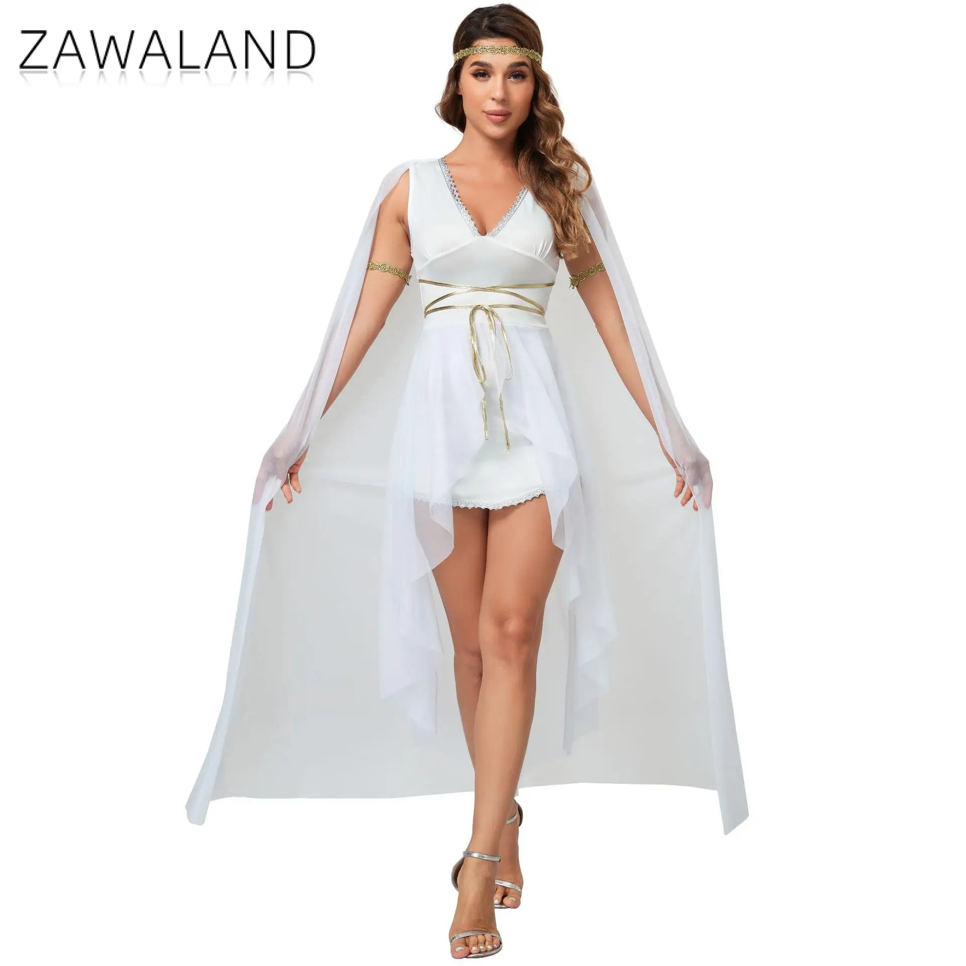 

Zawaland Arabic Ancient Greek Goddess Costume for Women Ancient Cleopatra Dress V-neck Halloween Medieval Cosplay Clothes M-XL