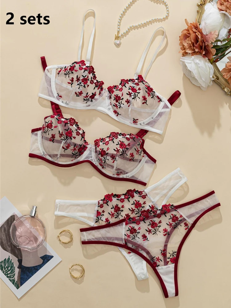 2 Sets Romantic Lingerie Floral Embroidery Women Underwear Transparent Bra Sets Ensemble Sexy Outfit Fantasty Underwear Intimate