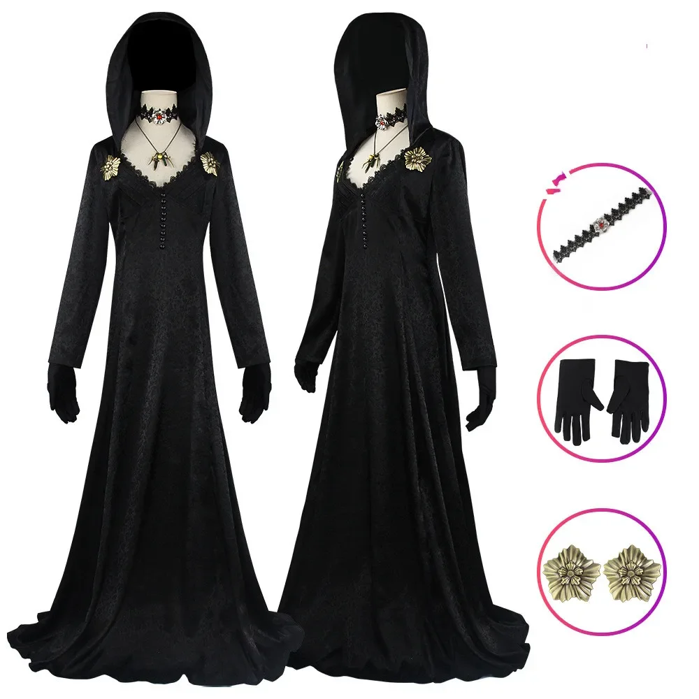 

Игра Evil Village Vampire Lady Daniela Dimitrescu Косплей Костюм Черное Платье Наряд Взрослых Женщин Карнавальный Костюм на Хэллоуин