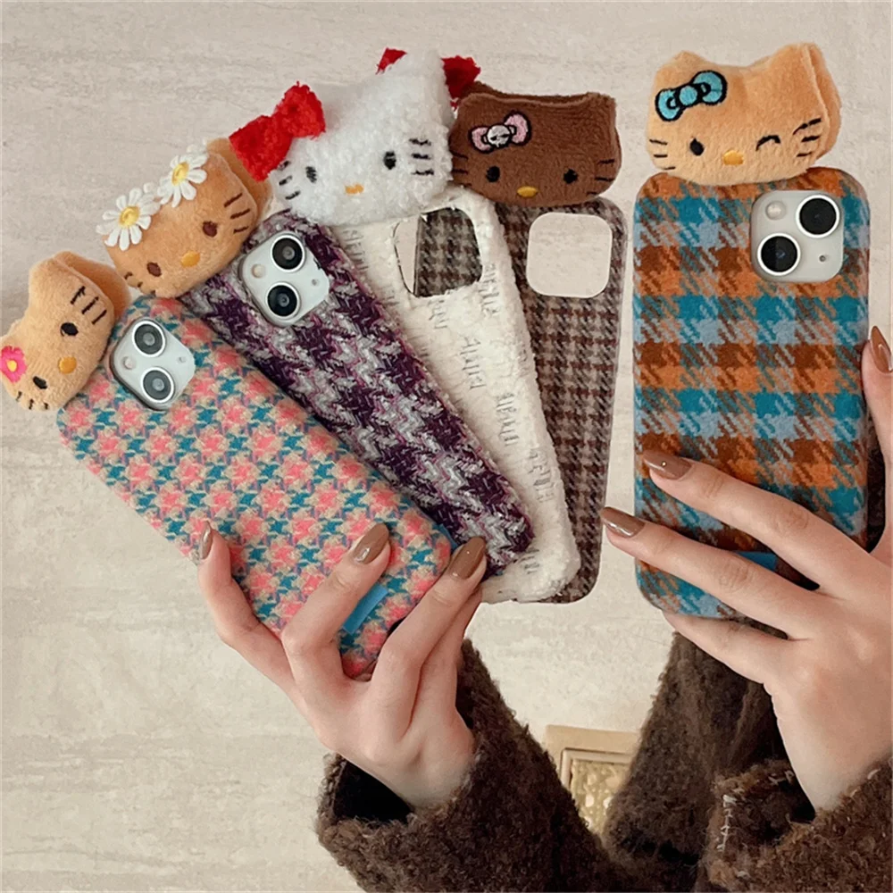 

Fashion plaid plush Hellokitty phone case for iPhone 16 17 Pro 13 14 15 Pro Max Fundas Warm fluffy new cute protective cover cap