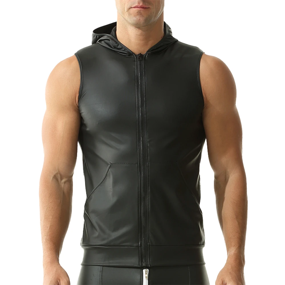 Sexy männer Front Zipper Faux Leder Tank Tops Ärmellose T-shirts Nachtclub Dance Mit Kapuze Weste Männliche Party Bühne Club Kostüme