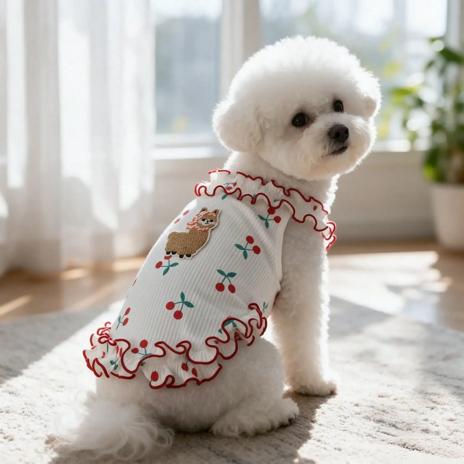 1 Stück Alpaka-Stickerei, Kirschmuster, Rüschen, ärmelloses Tanktop für kleine Hunde, ideal für den Sommer. – Detail 5