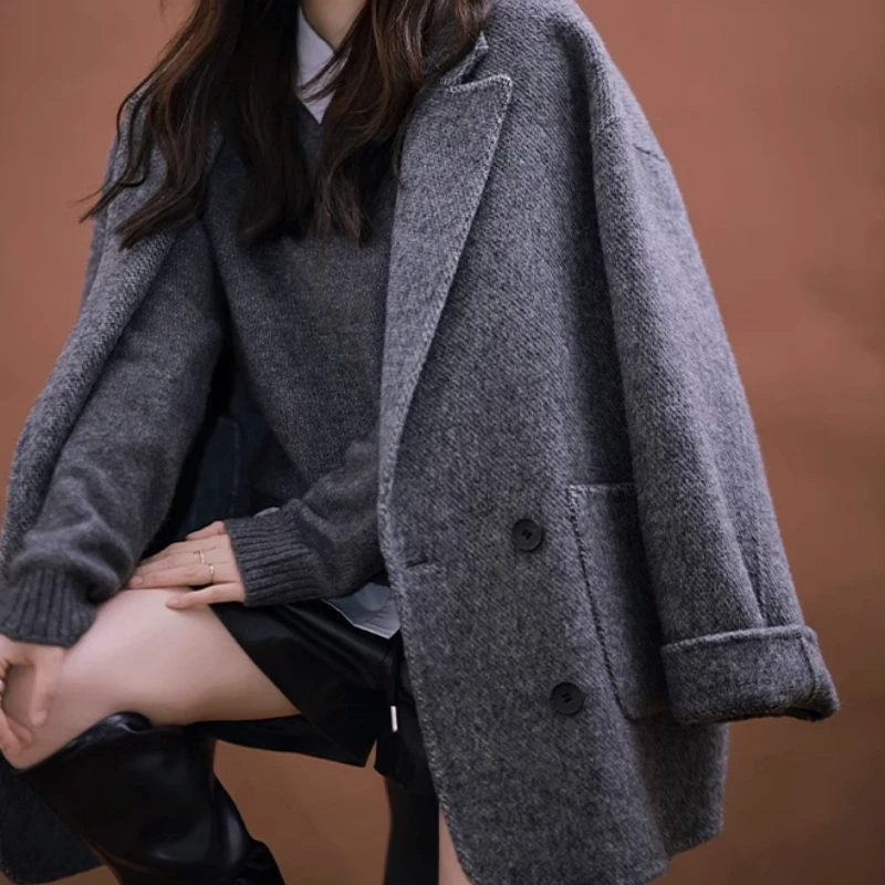 Abrigo de moda de otoño para mujer, abrigos con cuello recto de manga larga, moda coreana, abrigo liso de longitud media, chaqueta de invierno OL para mujer