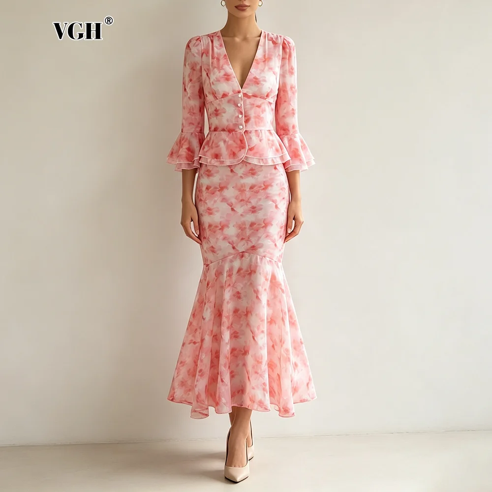 Conjunto de Dos Piezas con Estampado Floral y Cuello en V para Mujer, Top con Mangas Abullonadas y Dobladillo con Vuelo, Falda Estilo Sirena con Cordones en la Espalda, Atuendo Casual Diario
