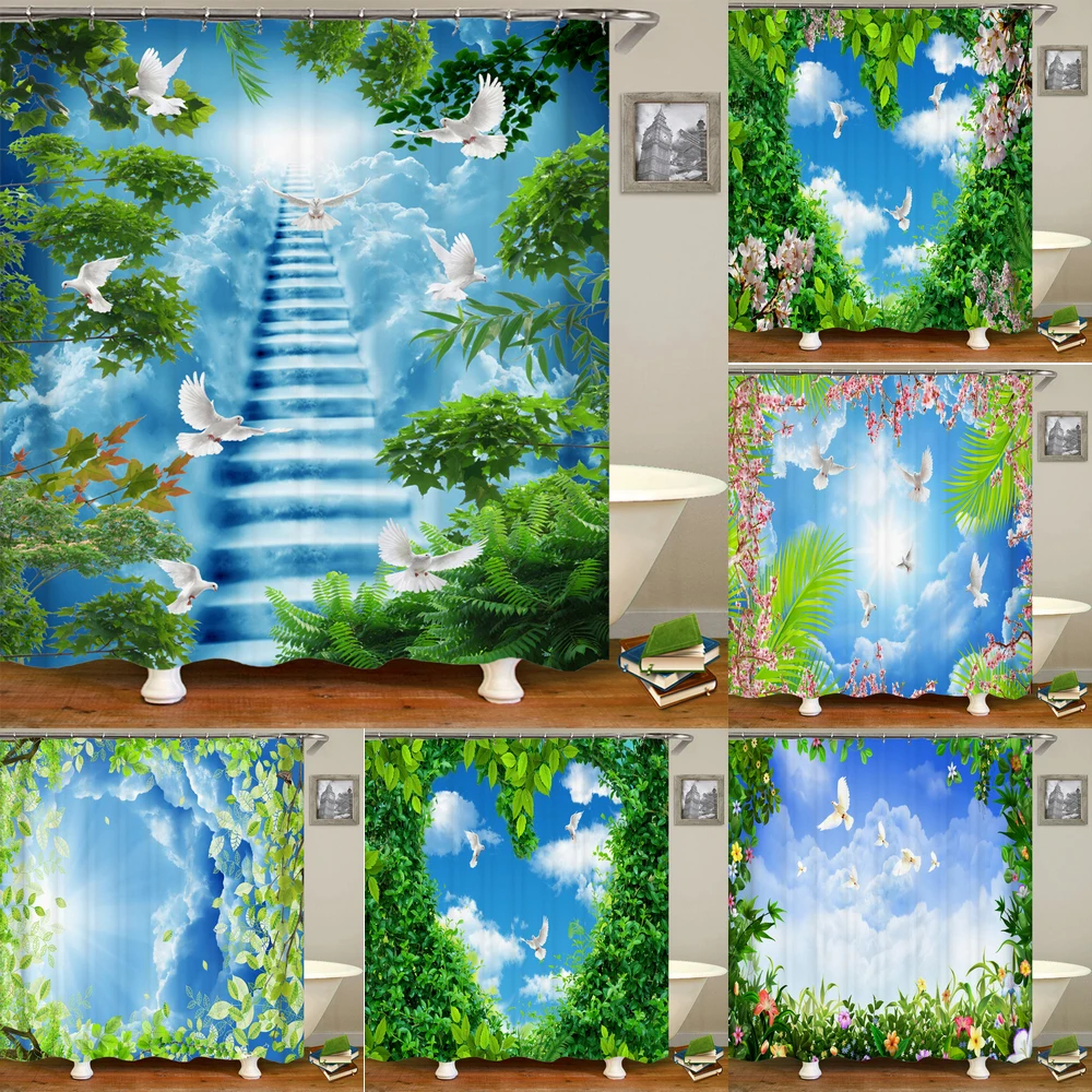3D love plant leaves white dove scenery bathroom waterproof shower curtain polyester washable home decoration curtain with hook