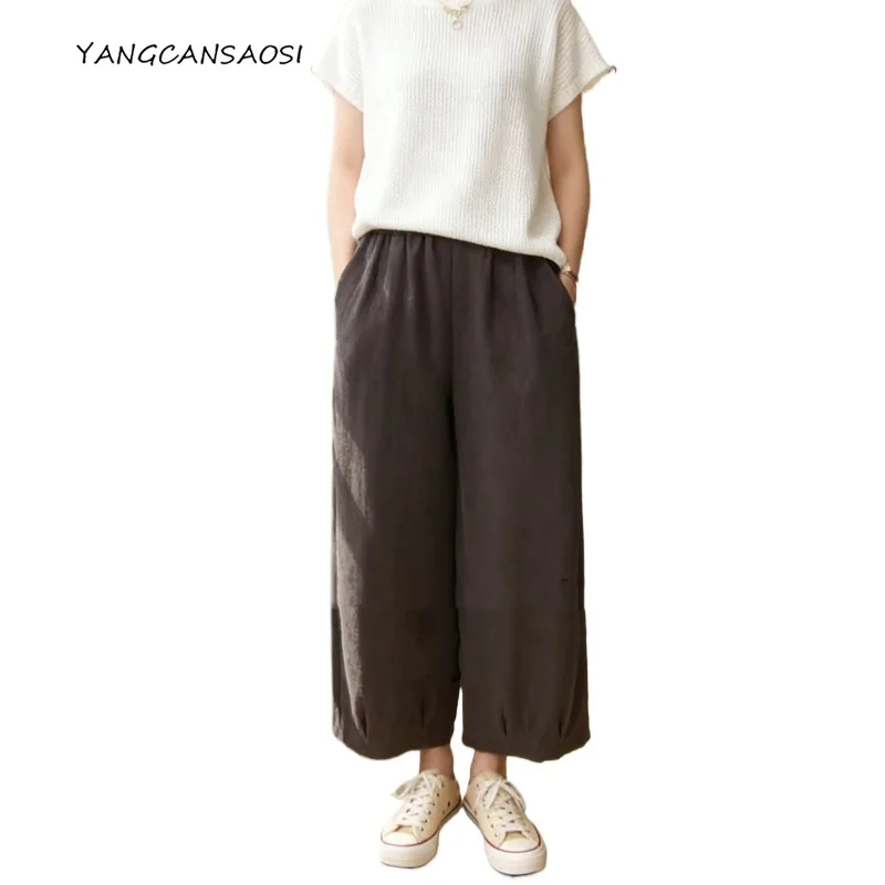 

Women's Fashion Clothing Foggy Gray Pattern Elastic Waist 100% Natural Mulberry Silk Gambiered Guangdong Gauze Casual Pants