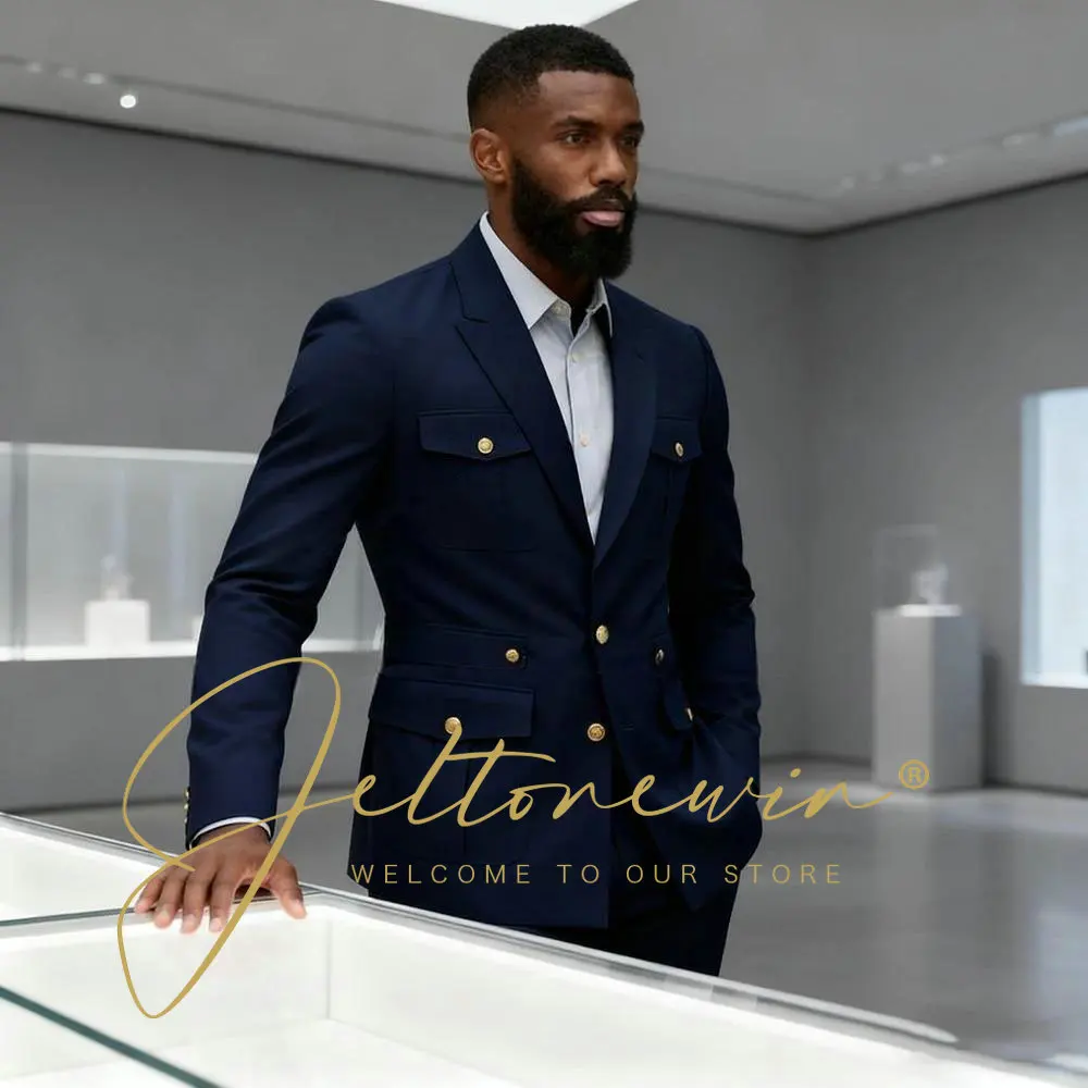 

Customized Navy Blue 2 Piece Jacket Pants Sets Men Suits Fashion Single Breasted Stand Lapel Slim Fit Party Costume Homme Blazer