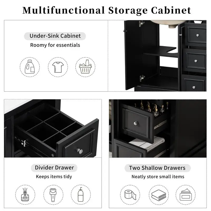 زينة حمام انتقالية مقاس 36 بوصة مع حوض سيراميك، أبواب مغلقة ناعمة، رف قابل للتعديل على شكل حرف U، 3 أدراج (1 مع