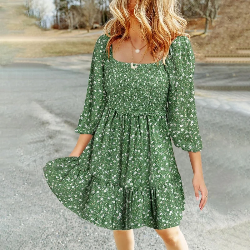 Summer Women's Floral A-line Dress with Square Neck &Ruffled 3/4 Sleeves-Lightweight-Casual Yet Elegant for Warm Weather