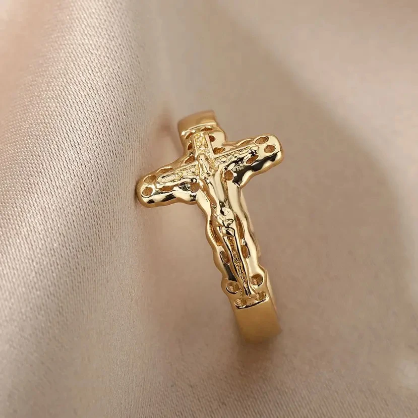 Vintage Jesus Cross Rings For Women Men Gold Color Stainless Steel Jesus Cross Adjustable Ring Religious Party Jewelry Gift