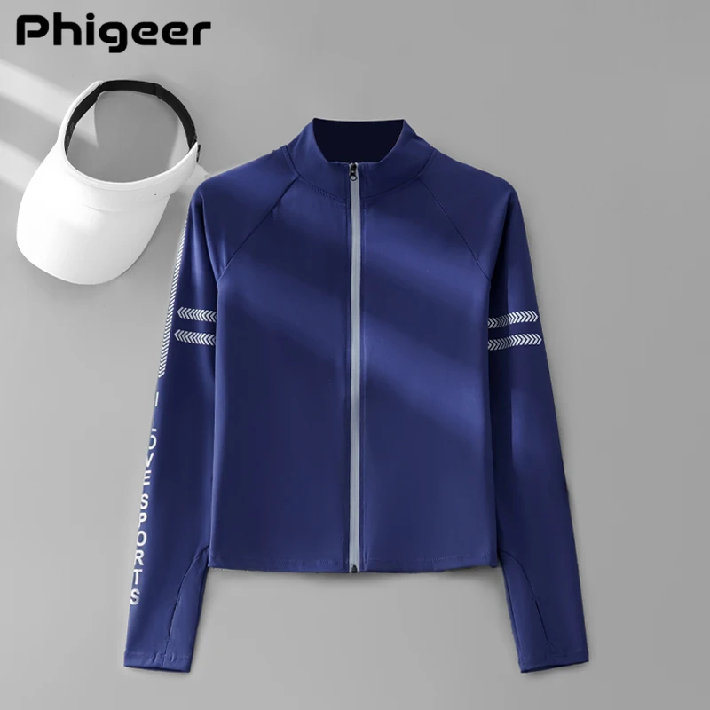 PHIGEER Women Running Jacket Full Zip Up Stand Collar Sports Coat Slim Fit Gym Top Reflective Letter Print Athletic Wear Golf