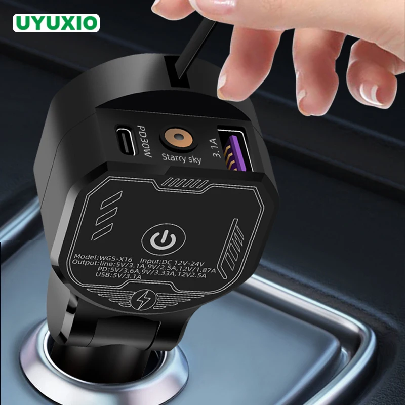 

UYUXIO Full PD 30 Вт Выдвижное автомобильное зарядное устройство Супер быстрая зарядка 3 в 1 в автомобиле со звездным светом для Macbook Samsung iPhone