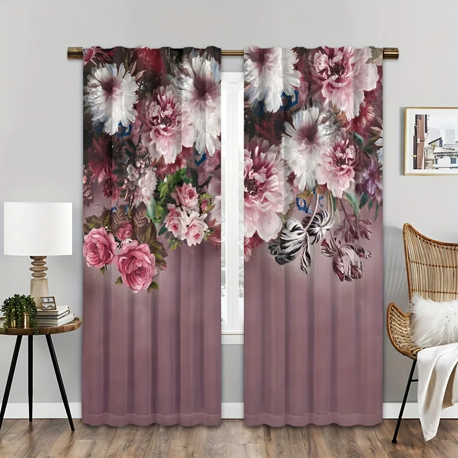 2pc Colorful Flower Landscape Spring Print Curtain Rod Pocket Mount, Digital Printed Curtains For Living Room Kitchen Bedroom