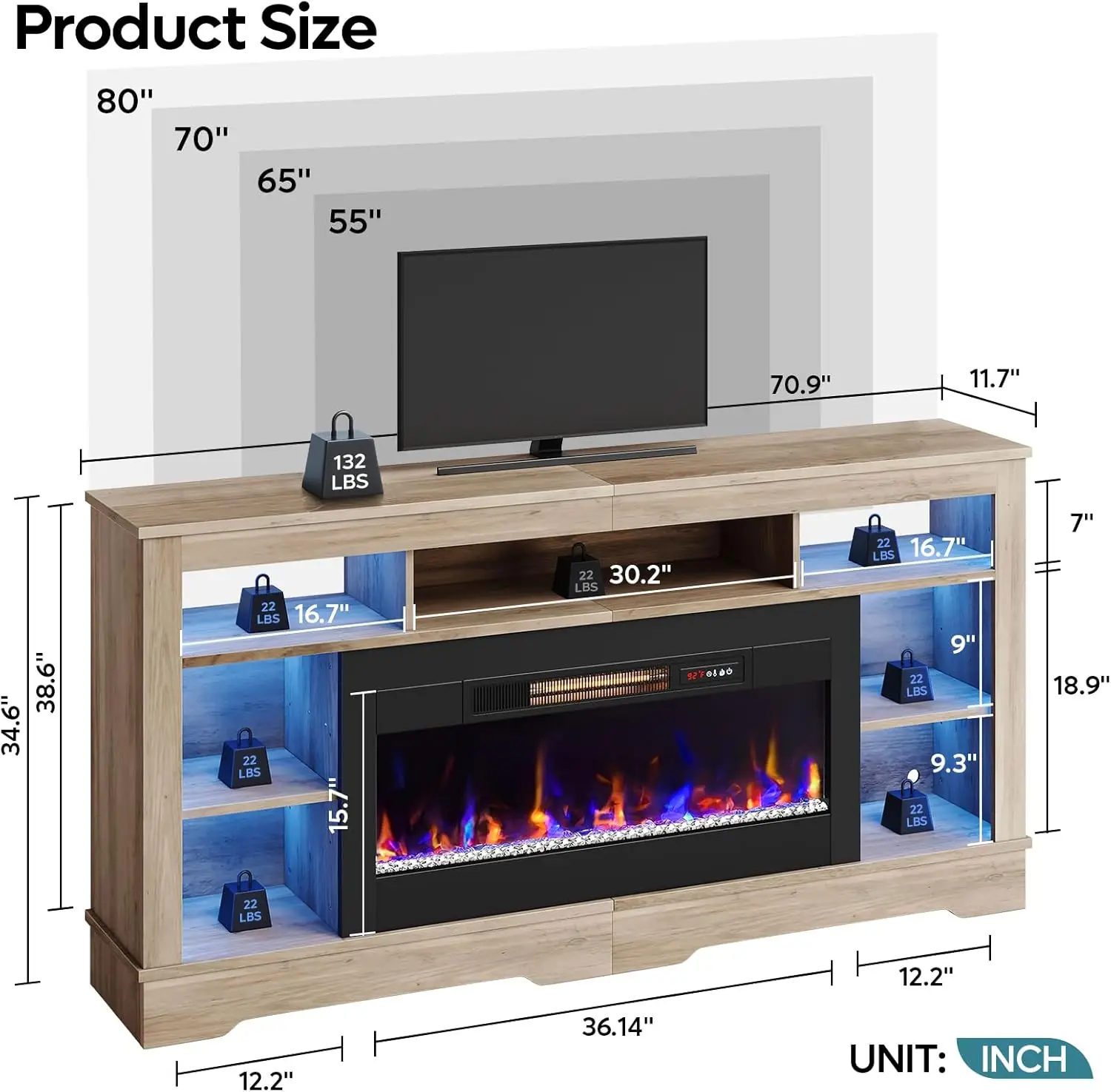 Bestier Suporte de TV com lareira de 70 polegadas para TVs de até 80", centro de entretenimento LED alto com lareira elétrica de 36", alto consumo de mídia