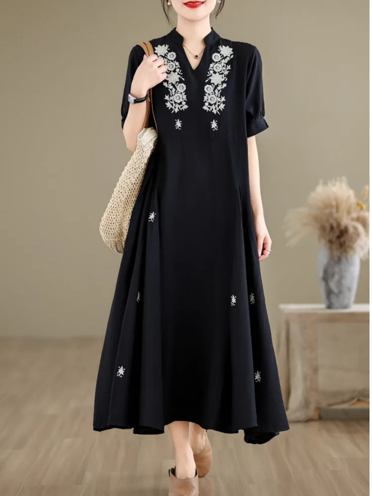 #3876 Black A-line Dress Embroidery Floral Split Joint  Asymmetrical Long Shirt Dress Women Short Sleeve Loose Cotton Summer2024