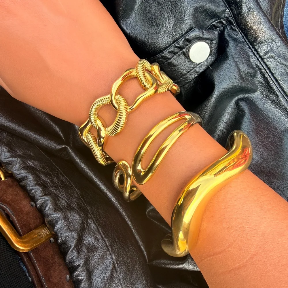 Zalman Punk Geometric Hollow Line Wide Bangle Bracelet for Women Gold Stainless Steel Jewelry New 2026