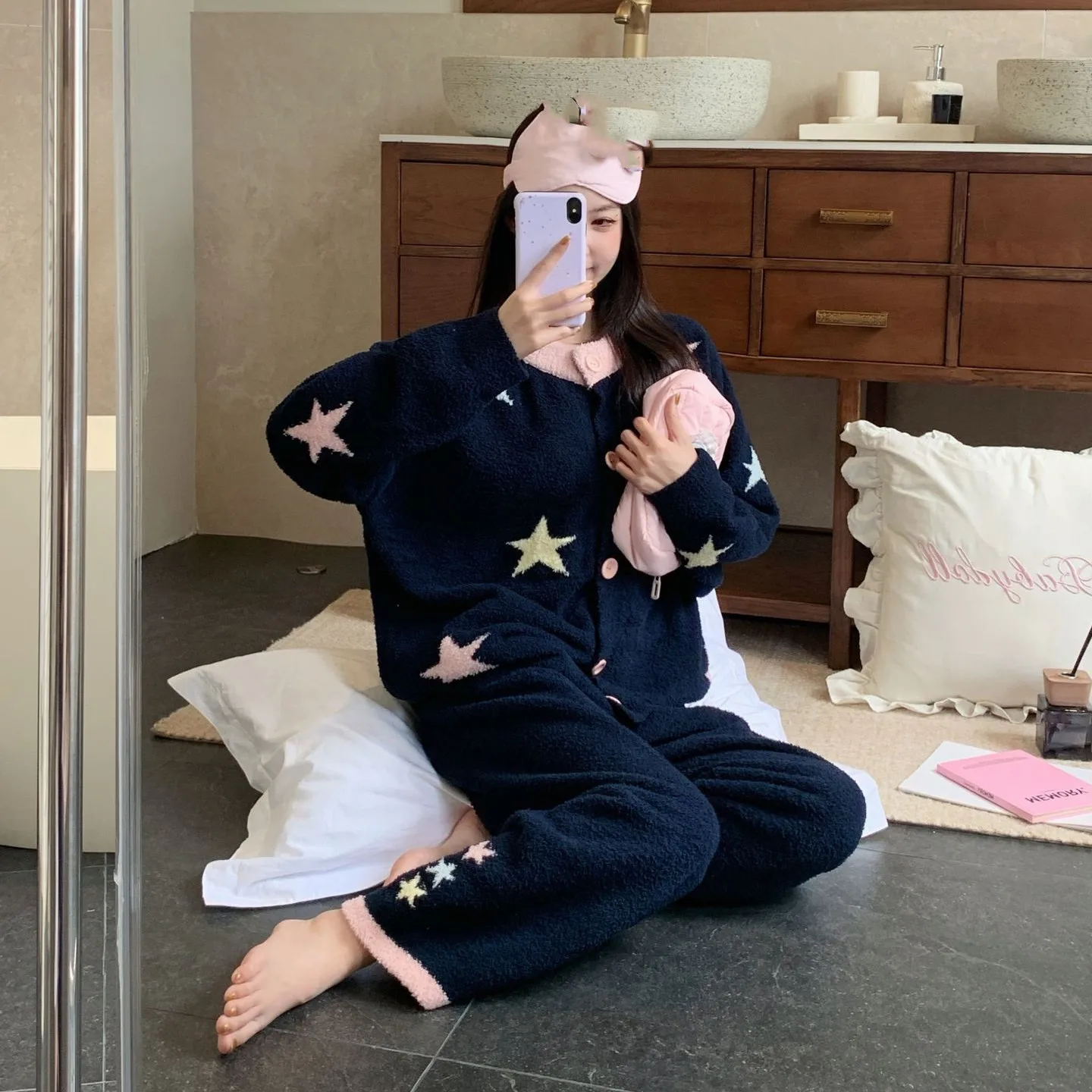 Navy Blue Fleece Thick Warm Women's Pajamas Set Winter Sleepwear Casual Star Top Pants Soft Pijamas Set for Women Home Suit