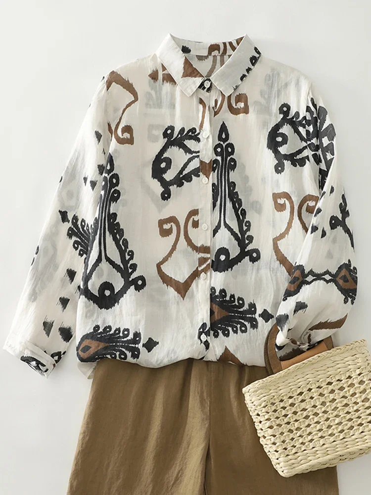 Spring Autumn Printed Cotton Hemp Long Sleeve Shirt Women New Thin Breathable Artistic Blouse Large Loose Casual Shirt Top S102