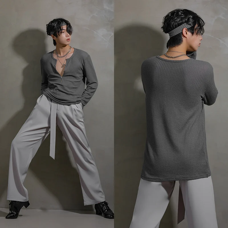 ラテンダンストップス男性長袖ルーズ練習着 V ネック黒/白/茶色/グレー Tシャツルンバチャチャダンス服 BL9019