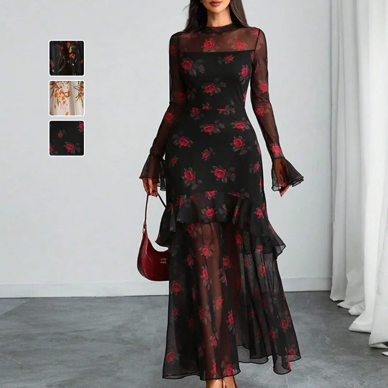 Spring Autumn Casual Vacation Women Long Skirt Fashion Printed Sexy Mesh Ruffled Splicing Slightly Translucent Long Sleeve Dress