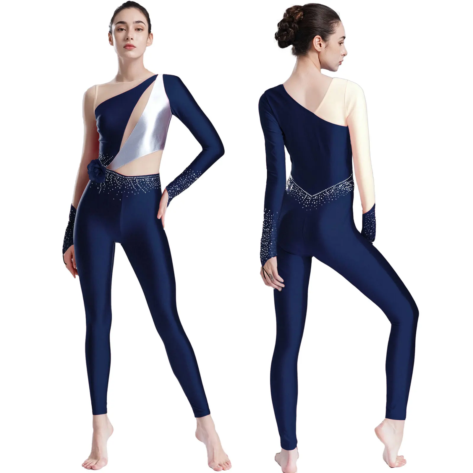

Women Slim Fit Shiny Figure Skating Acrobatics Jumpsuit with 3D Flower Pint Metallic Bodysuit Gymnastics Performance Costume