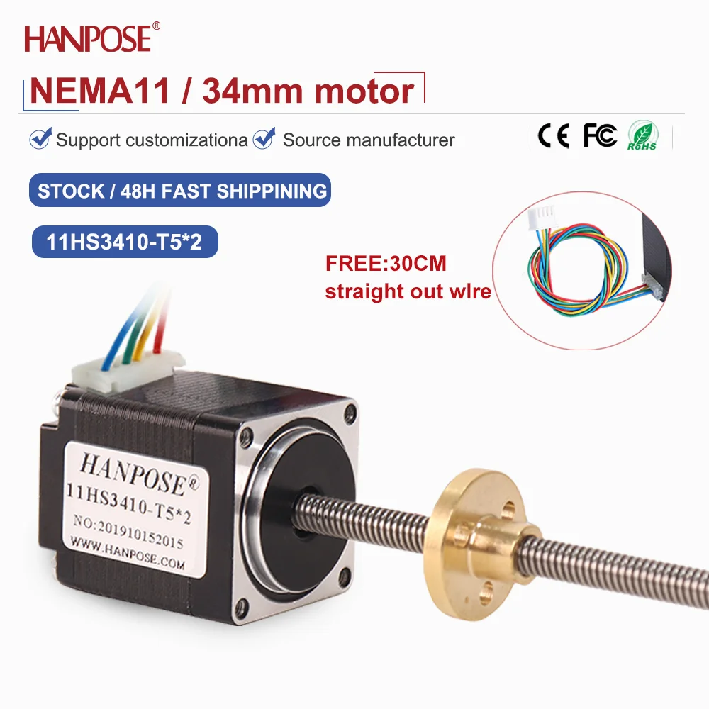 

Screw stepper motor NEMA11 11HS3410 0.1N.m 0.8A 3.4V small linear screw motor T-shaped nut set can be customized