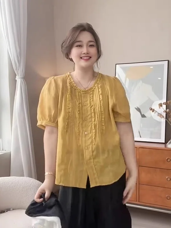 plus Size Women's White irt with Wood ain Ruffle ort Sve Loose Belly Covering Korean Sle Commute Loose Blouse