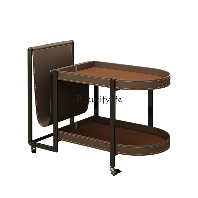 

Italian light luxury saddle leather edge table movable trolley modern simple coffee table