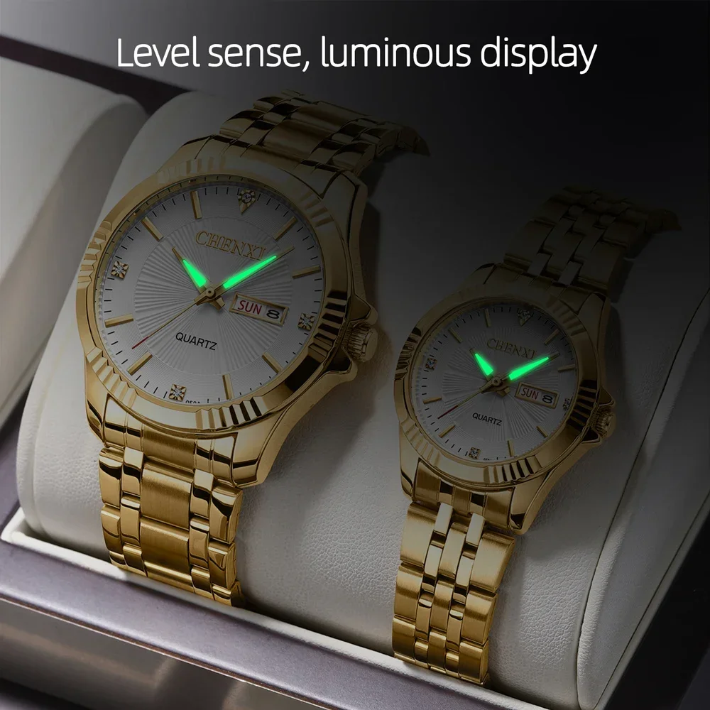 CHENXI 050A Luxus Paar Mode Goldene Quarzuhr für Männer Frauen Wasserdicht Edelstahl Datum Woche Analog Armbanduhren